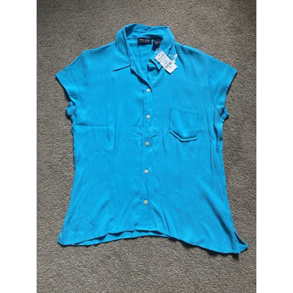 New York & Company Cap Sleeve Button Up Blouse Women’s Size L Color Aqua NWT - Picture 3 of 7